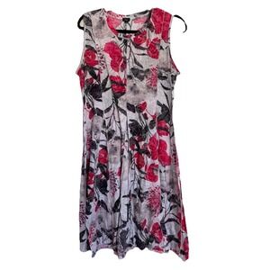 Shana Apparel Floral Crinkle Midi Dress M Pink Grey Artsy Lagenlook Boho Travel